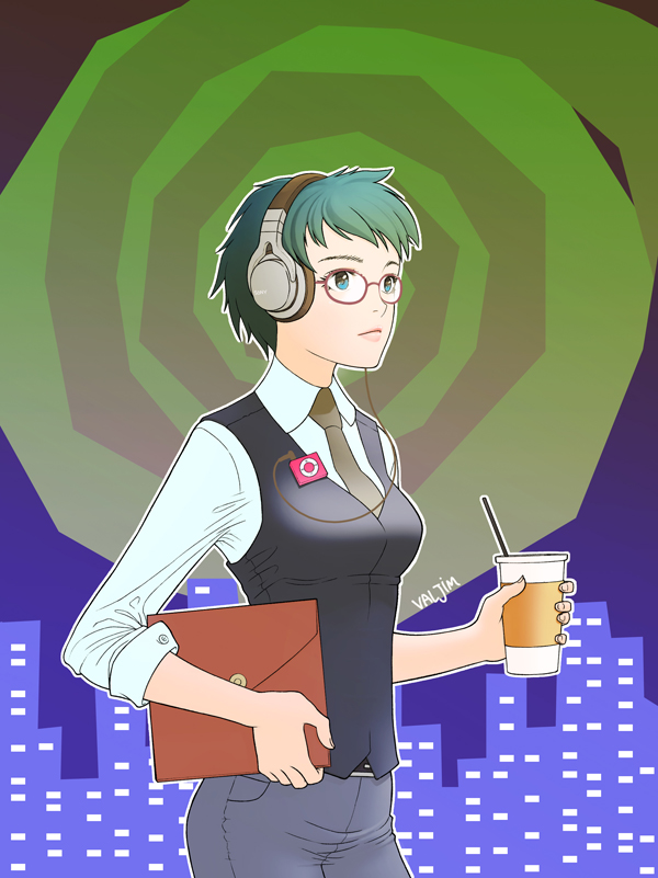 1girl, blue_eyes, breasts, coffee, envelope, glasses, green_hair, headphones, ipod_shuffle, manila_envelope, necktie, office_lady, original, red-framed_glasses, skirt, sleeves_rolled_up, solo, sony, valjim, vest, walking
