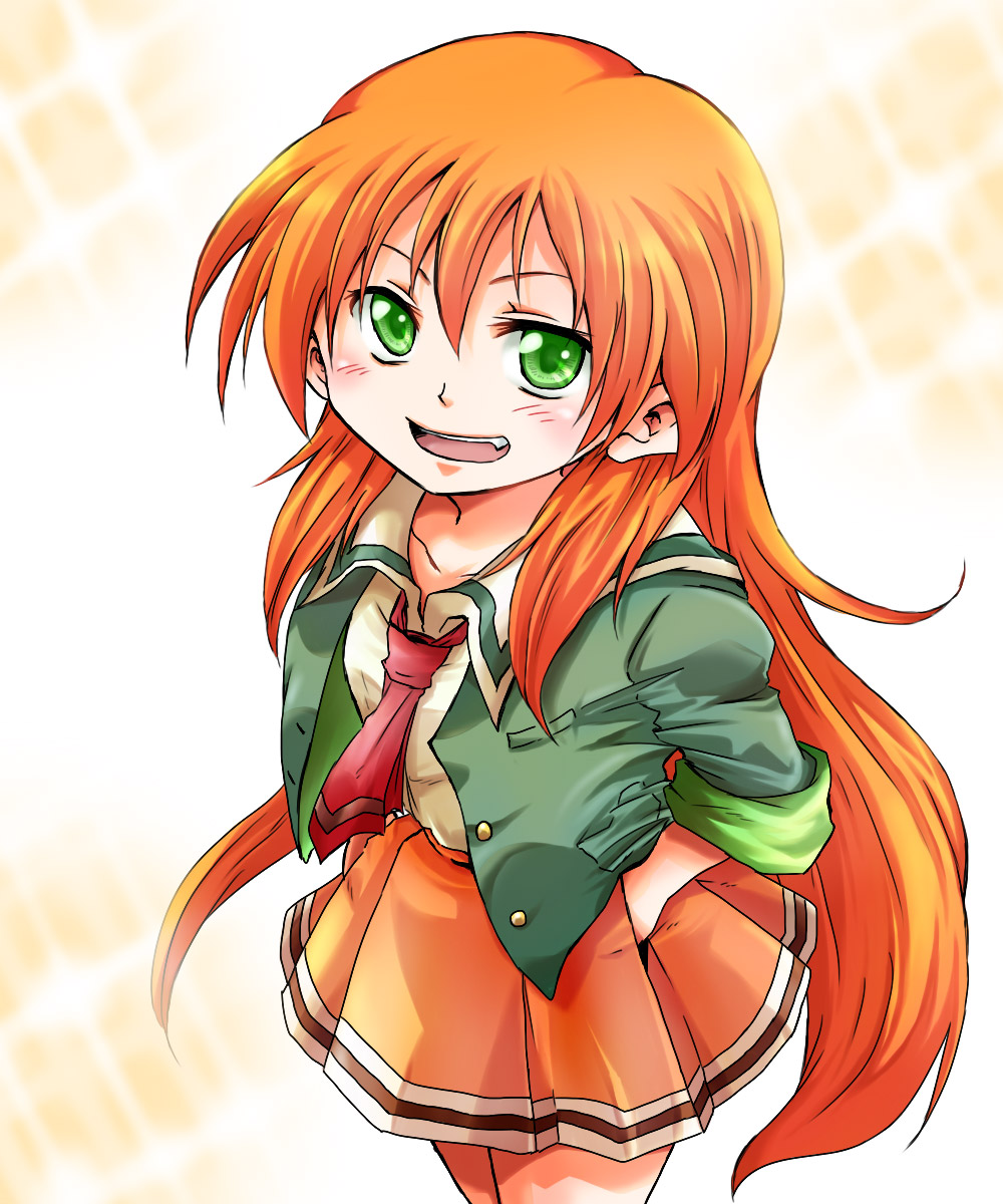 1girl, akai_homura, collarbone, fang, green_eyes, highres, long_hair, necktie