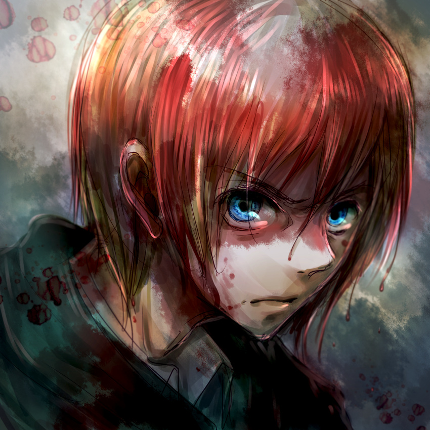 >:|, 1boy, armin_arlert, blonde_hair, blood, blood_on_face, blue_eyes, fuyuyuki_gekka, highres, shingeki_no_kyojin, short_hair, solo