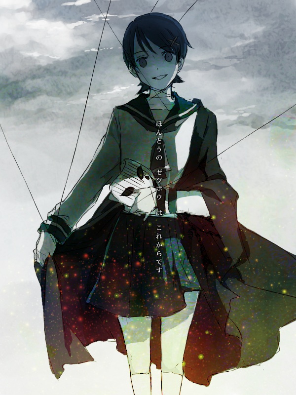 fuura_kafuka, grin, hair_ornament, hairclip, karua_(artist), karua_(teikiatsugirl), kneehighs, mask, robe, sayonara_zetsubou_sensei, school_uniform, serafuku, short_hair, smile, socks, translated