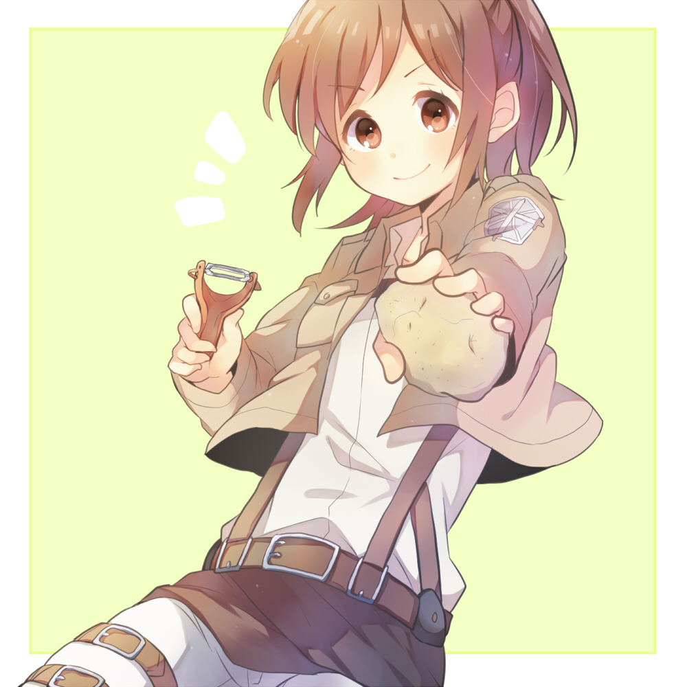 1girl, belt, brown_eyes, brown_hair, ebo, food, jacket, looking_at_viewer