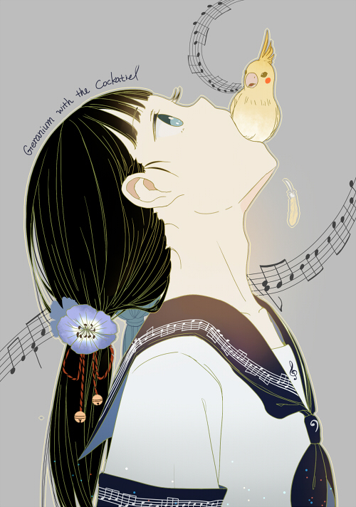 1girl, bird, black_hair, blue_eyes, dhiea, english, feathers, flower