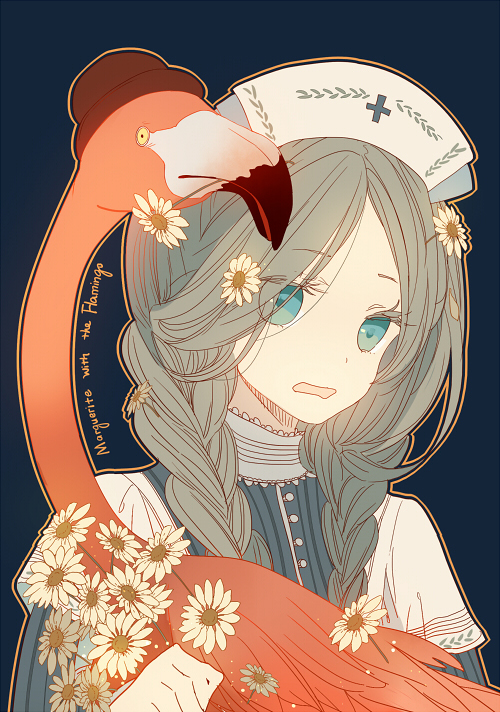 1girl, bird, blue_eyes, braid, clothed_animal, dhiea, english, falmingo
