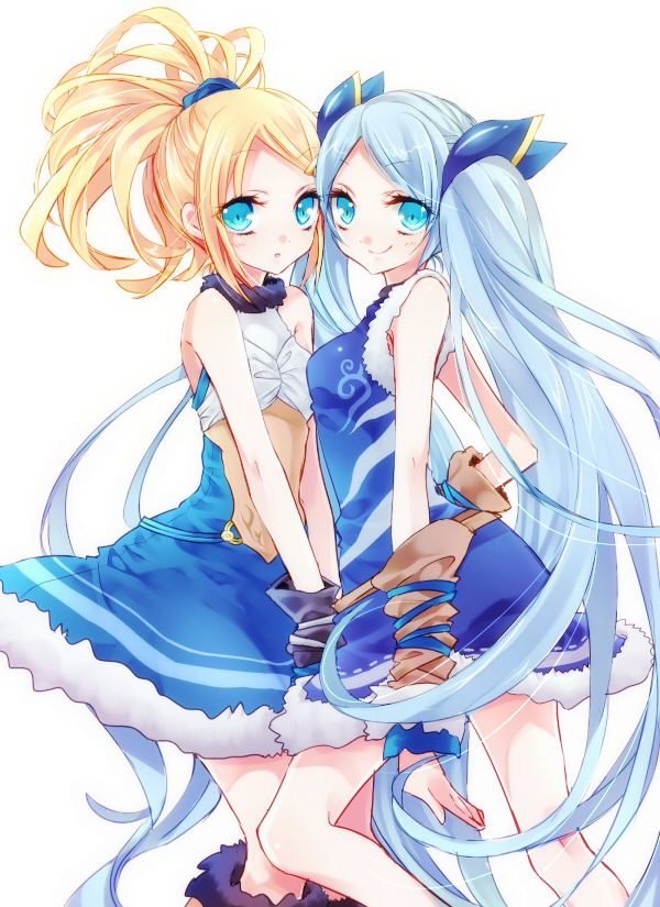 2girls, bare_shoulders, blonde_hair, blue_dress, blue_eyes, blue_hair, dress, idun&amp;idunna