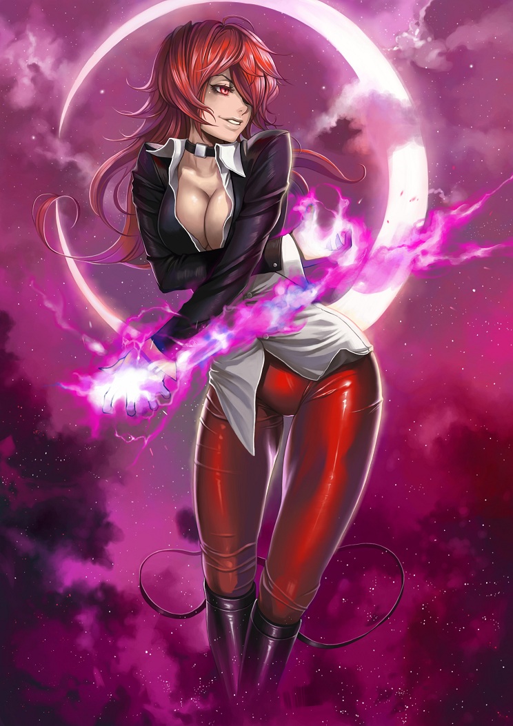 1girl, aura, black_boots, boots, breasts, choker, cleavage, clouds, crescent_moon, dantewontdie, female, genderswap, king_of_fighters, long_hair, midnight_bliss, moon, parted_lips, red_eyes, redhead, smile, solo, yagami_iori