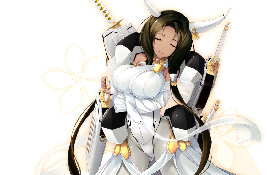 1girl, bodysuit, breasts, brown_hair, closed_eyes, dark_skin, fingerless_gloves, gloves