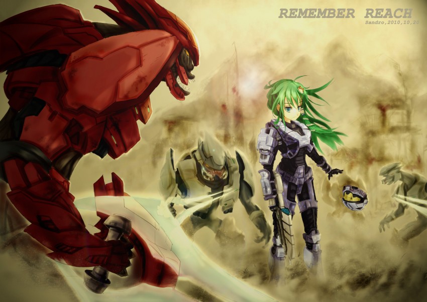armor, assault_rifle, battle, blue_eyes, crossover, damaged, destruction, energy_sword