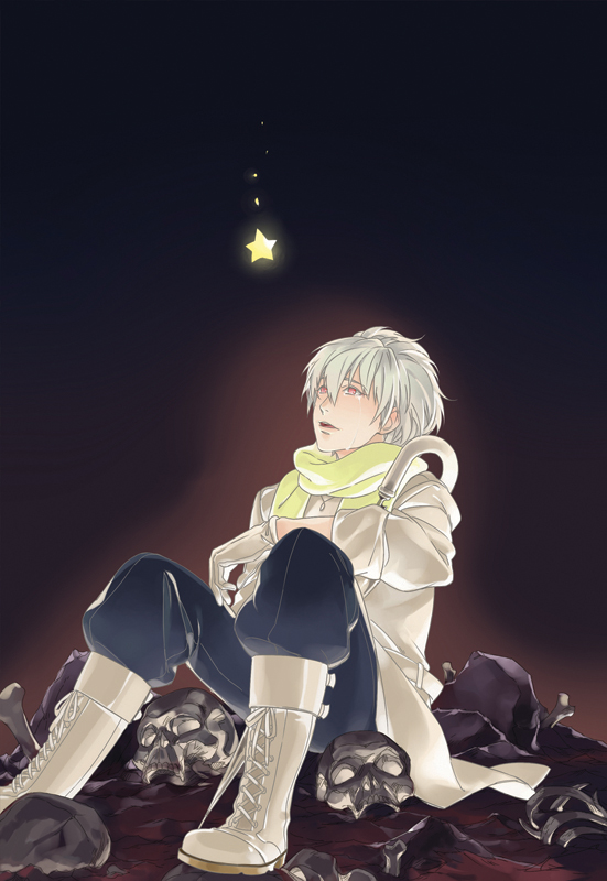 1boy, boots, clear_(dramatical_murder), dramatical_murder, gloves, red_eyes, scarf, skull