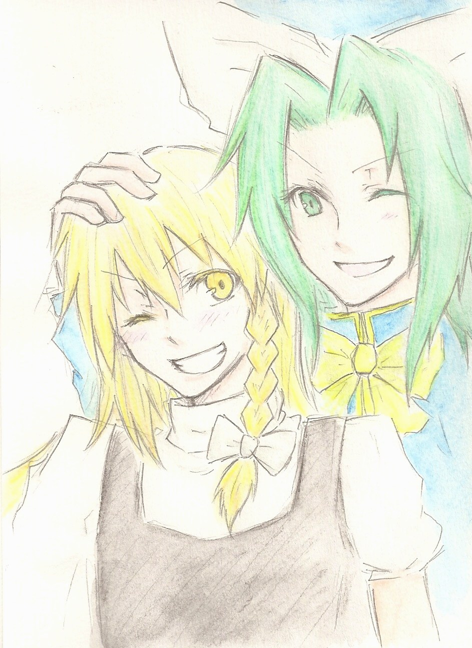 2girls, blonde_hair, bow, braid, fuji_tsugu, green_eyes, green_hair, grin, highres, kirisame_marisa, mima, multiple_girls, side_braid, sketch, smile, touhou, touhou_(pc-98), wink, yellow_eyes