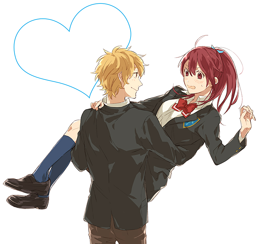 1boy, 1girl, blazer, blue_legwear, blush, brown_hair, free!, hazuki_nagisa