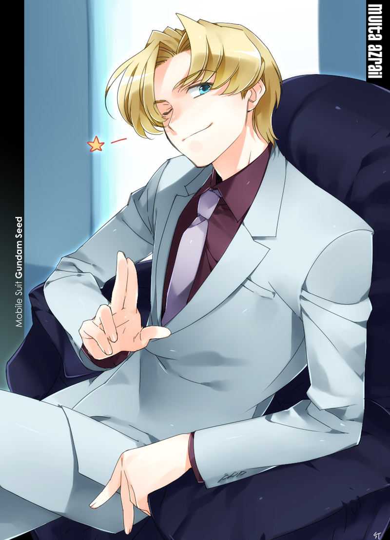 bad_id, blonde_hair, blue_eyes, chair, diabolism, gundam, gundam_seed, hands