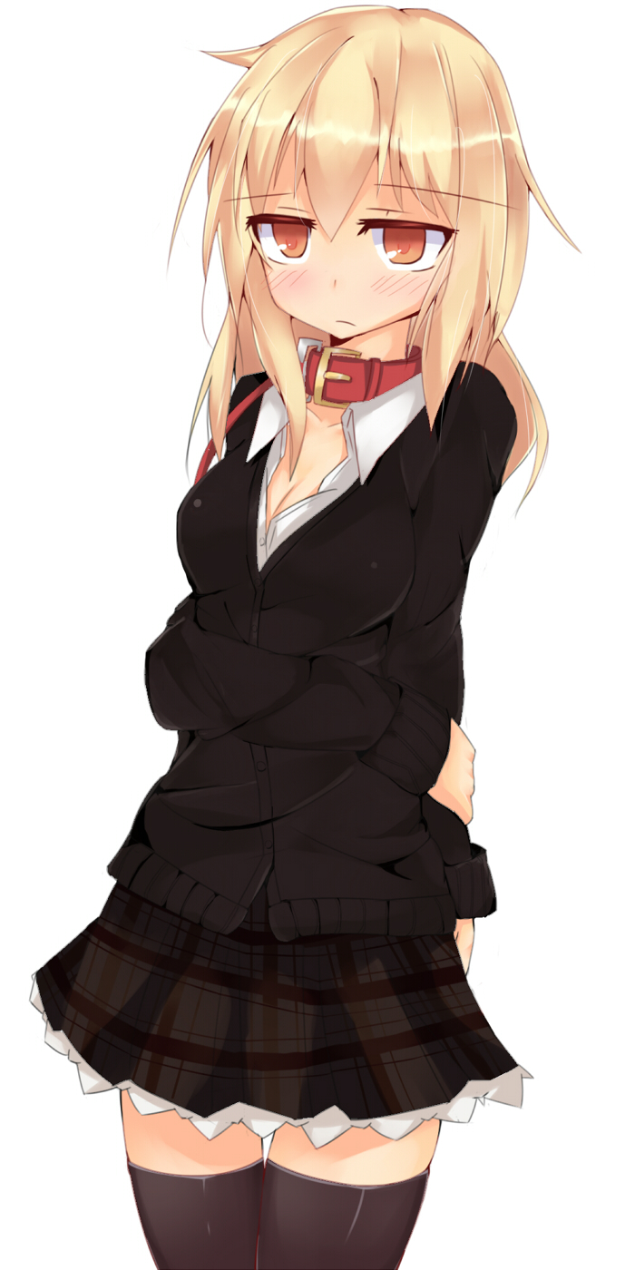 1girl, bdsm, black_legwear, blonde_hair, blush, bondage, breasts, collar