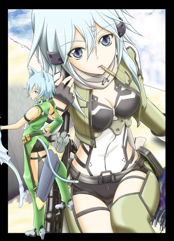 1girl, animal_ears, arrow, blue_eyes, blue_hair, bow_(weapon), bullet, cat_ears