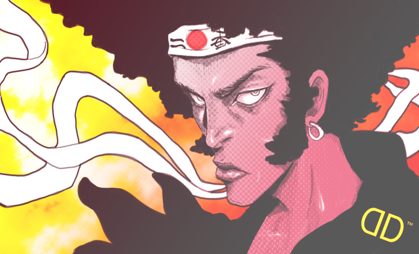 1boy, afro, afro_samurai, afro_samurai_(character), earrings, face, hachimaki, headband