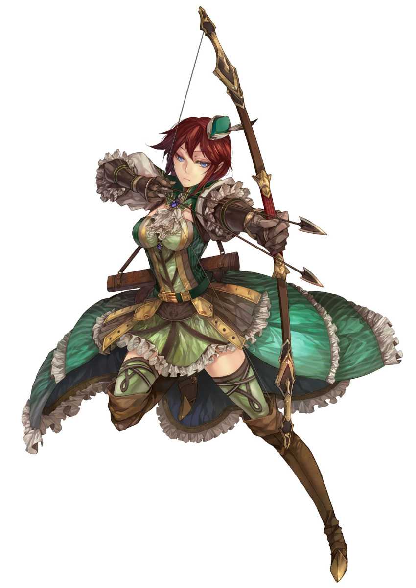 1girl, archery, arrow, artist_request, blue_eyes, bow_(weapon), character_request, el_dorado_of_stigmata, female, hat, highres, quiver, redhead, solo, thigh-highs, weapon, zettai_ryouiki