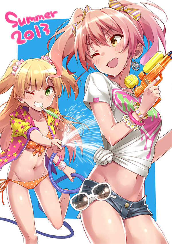 2girls, :d, bikini, blush, bow, bracelet, brown_hair, denim, denim_shorts, earrings, green_eyes, grin, hair_bow, heart, hoodie, hose, idolmaster, idolmaster_cinderella_girls, jacket_over_swimsuit, jewelry, jougasaki_mika, jougasaki_rika, looking_back, midriff, mouth_hold, multiple_girls, navel, necklace, open_hoodie, open_mouth, pink_hair, polka_dot, polka_dot_bikini, polka_dot_swimsuit, short_shorts, shorts, siblings, side-tie_bikini, sisters, smile, sonsoso, star_print, summer, sunglasses, sunglasses_removed, swimsuit, t-shirt, tied_shirt, tupet, twintails, two_side_up, water, water_gun, wink, yellow_eyes