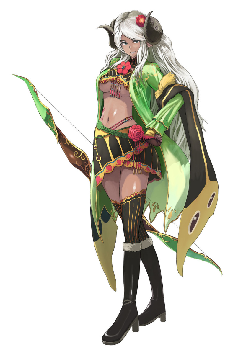 archery, artist_request, blue_eyes, boots, bow_(weapon), breasts, character_request, dark_skin