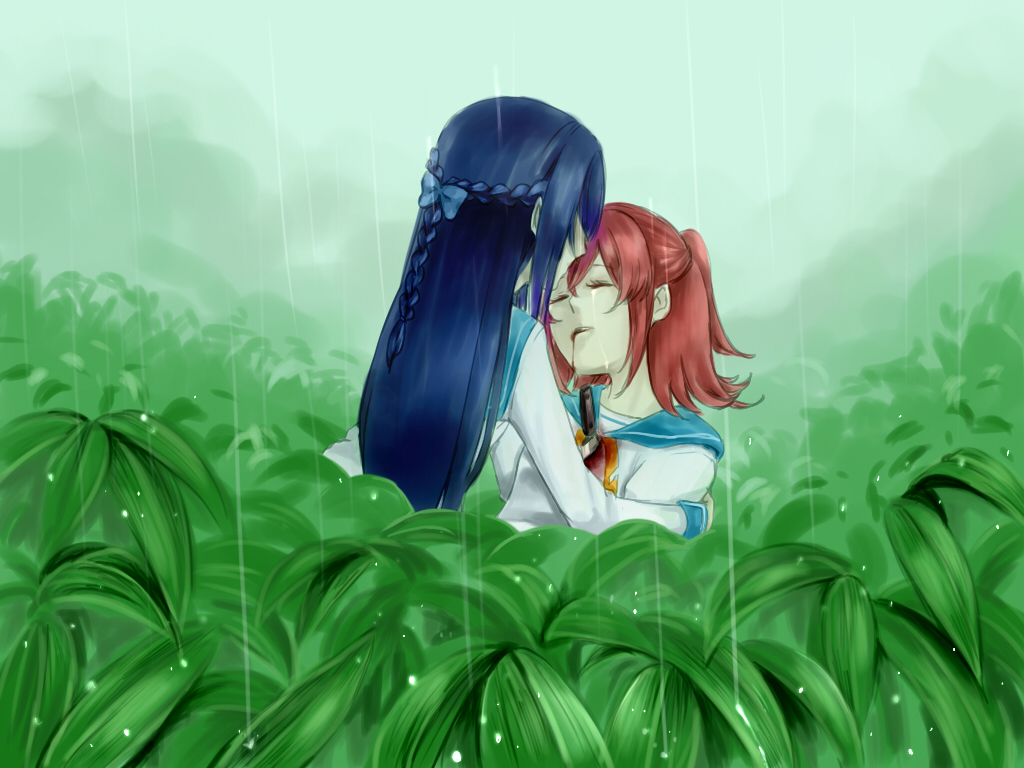 2girls, aida_mana, blood, blood_from_mouth, blue_hair, braid, closed_eyes, death