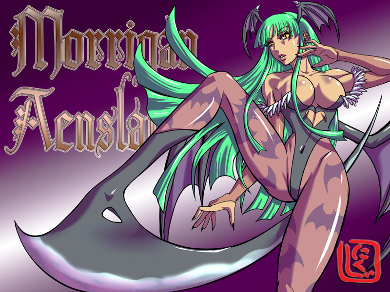1girl, aqua_hair, bare_shoulders, bat_print, bat_wings, boots, breasts, bridal_gauntlets, cleavage, clothed_navel, demon_girl, eyelashes, fighting_stance, head_wings, heel_blade, hime_cut, large_breasts, leotard, long_hair, morrigan_aensland, nikuji-kun, pantyhose, print_legwear, solo, succubus, transformation, vampire_(game), weapon, wings, yellow_eyes