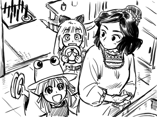 eyes, family, gensokoumuten, gensoukoumuten, hat, ibuki_suika, monochrome, moriya_suwako