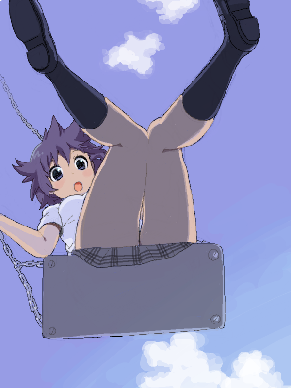 1girl, black_hair, blue_eyes, clouds, from_below, looking_at_viewer, looking_down, mattaku_mousuke