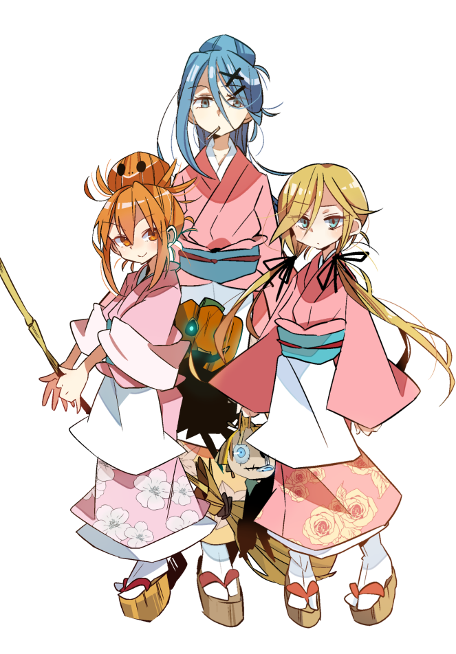 blonde_hair, blue_hair, broom, japanese_clothes, kanna_bismarch, kimono, long_hair, marion_phauna