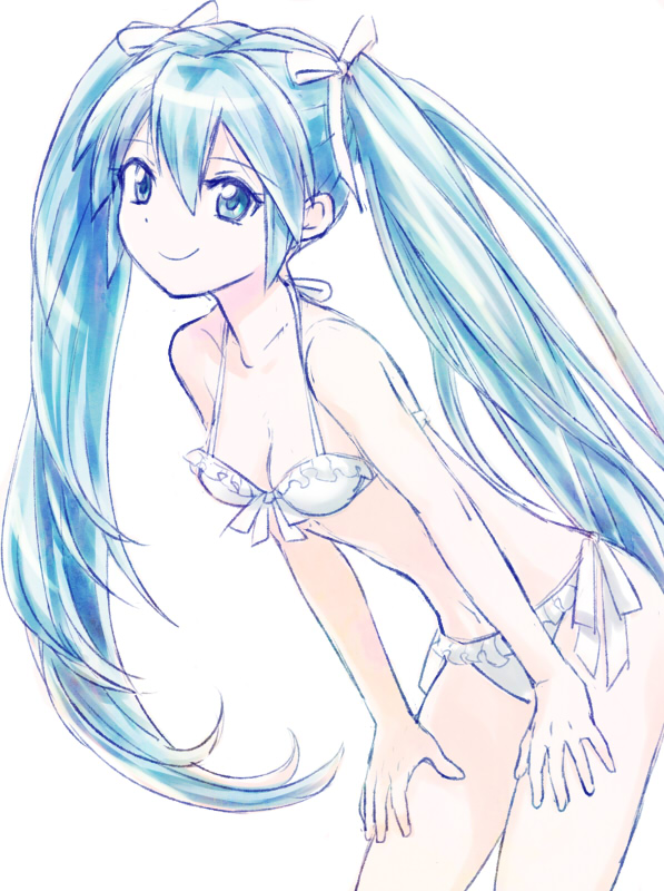 1girl, aqua_eyes, aqua_hair, bikini, dokunuma, hair_ribbon, hatsune_miku, leaning_forward