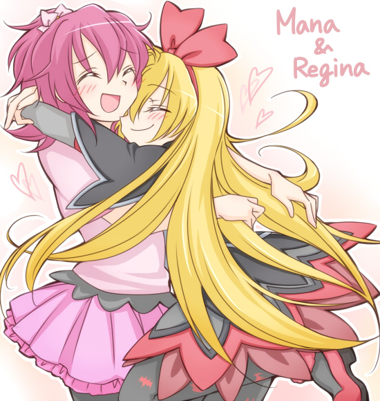 2girls, :d, aida_mana, arms_around_neck, bat_print, black_legwear, blonde_hair, blush, character_name, closed_eyes, couple, dokidoki!_precure, hairband, half_updo, happy, heart, hug, jappo, long_hair, multiple_girls, open_mouth, pantyhose, pink_hair, precure, red_ribbon, regina_(dokidoki!_precure), ribbon, short_hair, smile, yuri