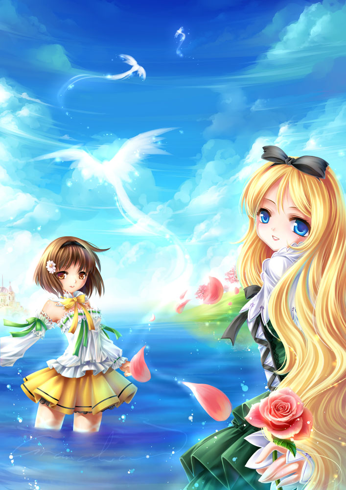 blonde_hair, blue_eyes, bow, brown_eyes, brown_hair, cagalin, detached_sleeves, dress