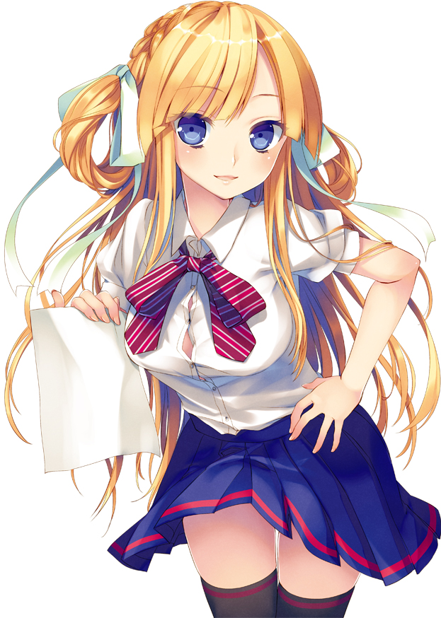 blonde_hair, blue_eyes, engage_ojou-sama_to_hisho_keiyaku, hair_ribbon, hair_rings, hand_on_hip, leaning_forward, nama2e
