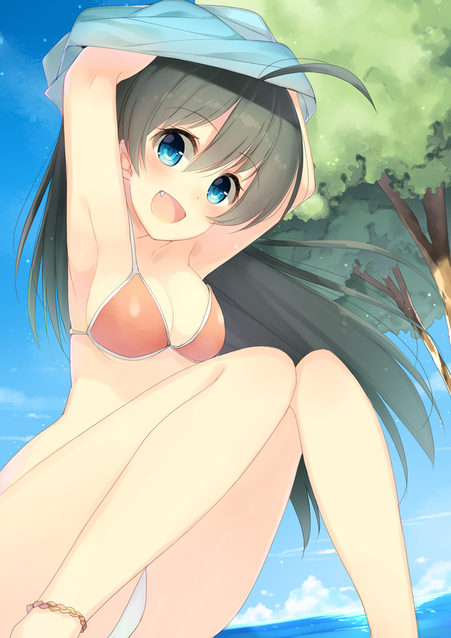 1girl, 7zu7, ahoge, armpits, arms_up, bikini, blue_eyes, blush