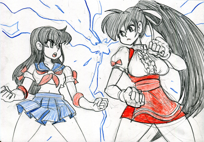 2girls, alex_ahad, aoki_marin, apron, black_hair, breasts, crop_top, crossover