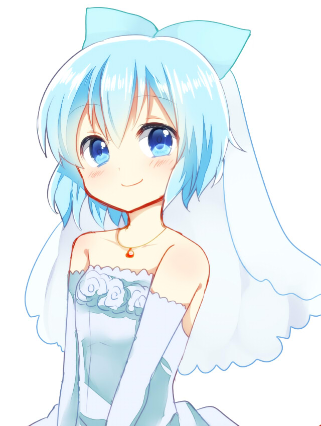 1girl, alternate_costume, blue_eyes, blue_hair, blush, bow, cirno, dress