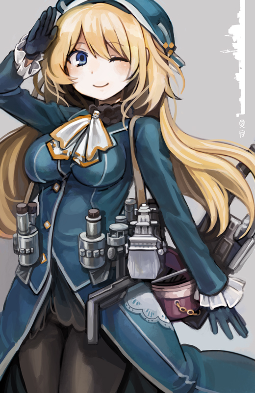 1girl, arm_up, atago_(kantai_collection), black_legwear, blonde_hair, blue_eyes, blush, breasts