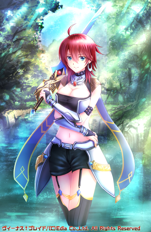 1girl, ahoge, blue_eyes, boots, breasts, bridal_gauntlets, character_request, cleavage