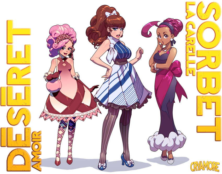 3girls, ahoge, amulet, bag, bandana, bangle, black_legwear, bliss_barson