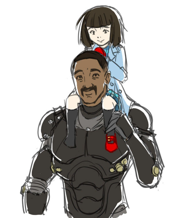 1boy, 1girl, black_hair, bob_cut, bodysuit, brown_hair, buzz_cut, carrying