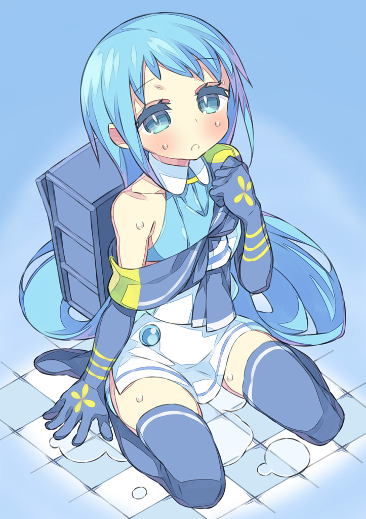 1girl, :o, aqua_eyes, blue_gloves, blue_hair, blue_legwear, blush, boots