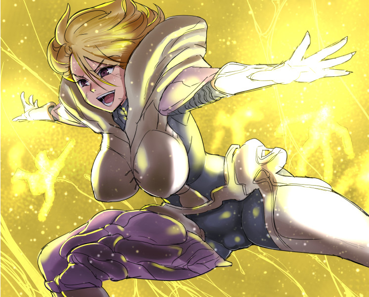 1girl, blonde_hair, bodysuit, breasts, brown_eyes, gloves, large_breasts, saryn_(warframe), short_hair, smile, thighs, toire_komoru, warframe