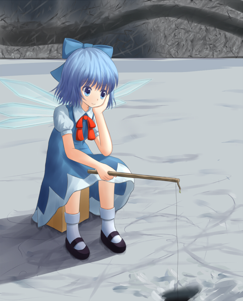 1girl, ankle_socks, blue_eyes, blue_hair, bow, box, cirno, dress