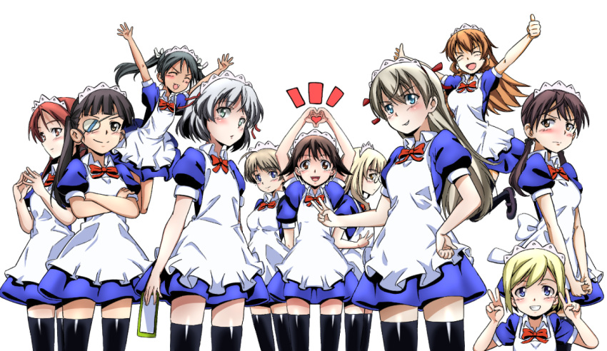 >_<, 501st_joint_fighter_wing, 6+girls, :d, apron, arms_up, black_hair, black_legwear, blonde_hair, brown_hair, charlotte_e_yeager, crossed_arms, double_v, eila_ilmatar_juutilainen, erica_hartmann, eyepatch, francesca_lucchini, gertrud_barkhorn, glasses, gowan_bates, grin, heart, heart_hands, jumping, long_hair, looking_at_viewer, lynette_bishop, maid, maid_headdress, minna-dietlinde_wilcke, miyafuji_yoshika, multiple_girls, open_mouth, perrine_h_clostermann, redhead, sakamoto_mio, sanya_v_litvyak, short_hair, silver_hair, smile, strike_witches, teeth, thigh-highs, thumbs_up, v, xd