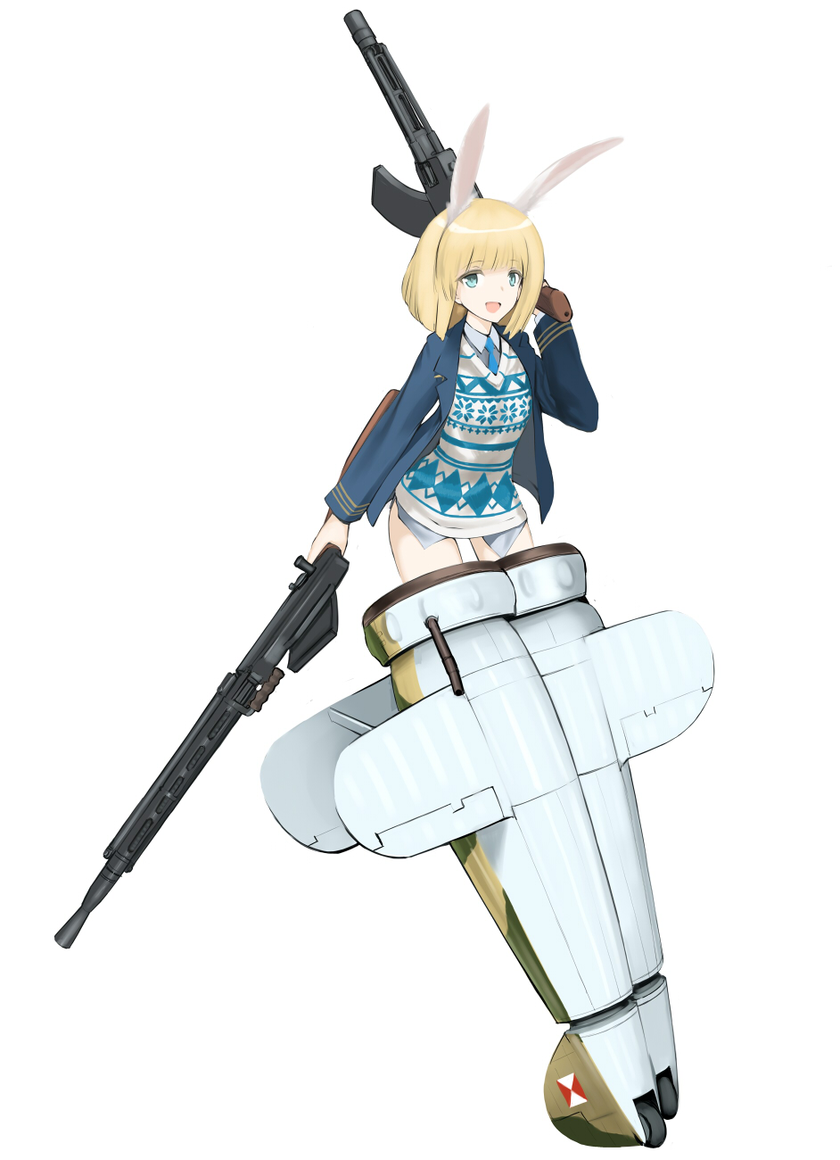 1girl, animal_ears, blonde_hair, blue_eyes, gun, highres, machine_gun, mette_christensen