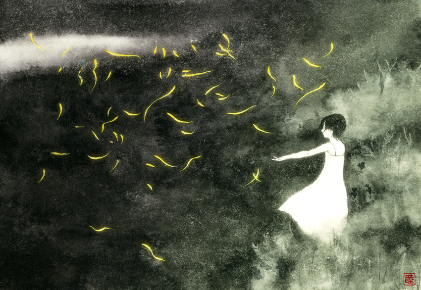 1girl, artist_name, bare_shoulders, black_hair, dark, dress, muttiy, original