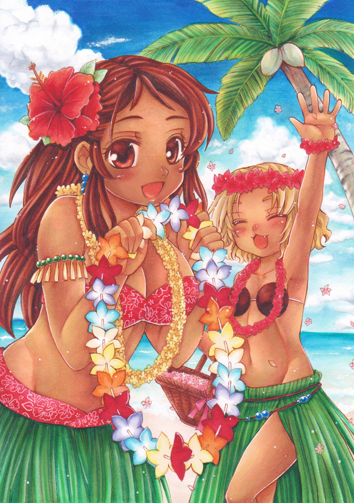 2girls, ^_^, beach, blonde_hair, blush, breasts, brown_hair, cleavage