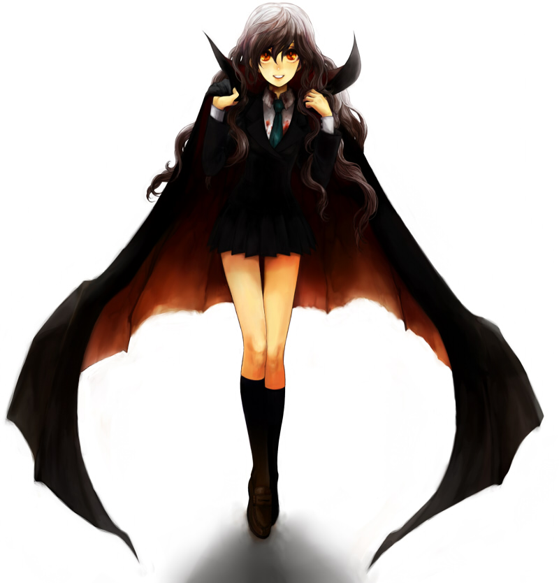 brown_hair, cloak, formal, kneehighs, long_hair, michi_ta_(masquerade), necktie, red_eyes