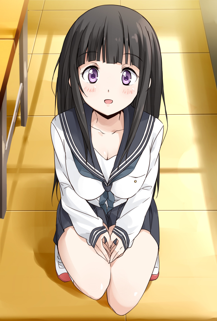 1girl, absurdres, black_hair, blush, breasts, chitanda_eru, cleavage, highres