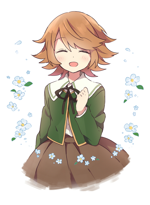 1boy, androgynous, blush, brown_hair, closed_eyes, dangan_ronpa, flower, fujisaki_chihiro
