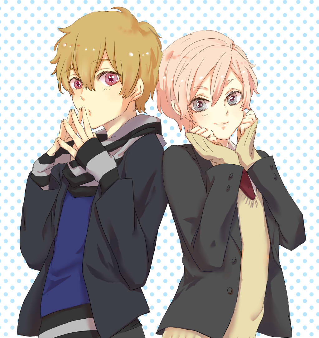 2boys, blonde_hair, blue_eyes, blush, cosplay, costume_switch, fingerless_gloves, free!