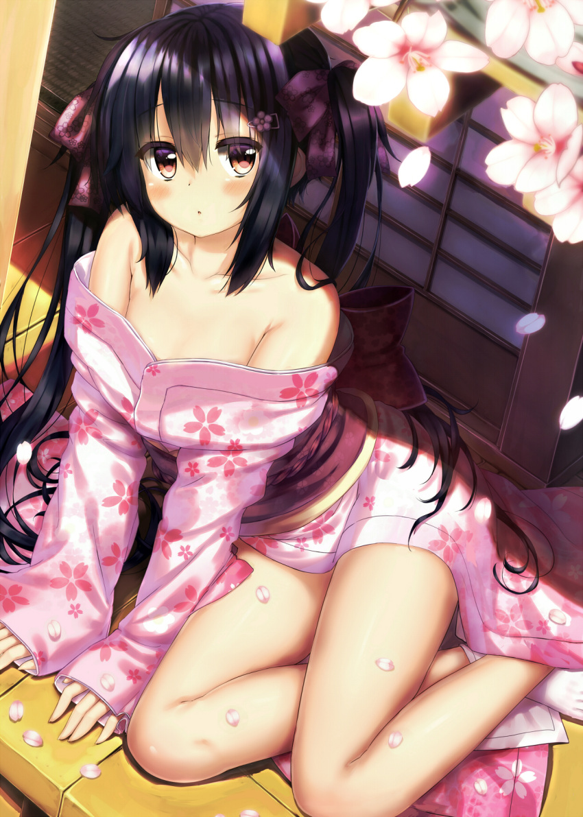 1girl, black_hair, cherry_blossoms, cherry_print, highres, japanese_clothes, k-on!, kimono
