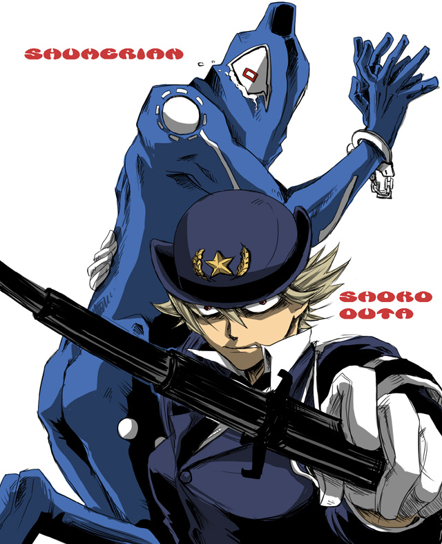 1girl, alien, baton, blonde_hair, brown_eyes, carrying_over_shoulder, character_name, completezero